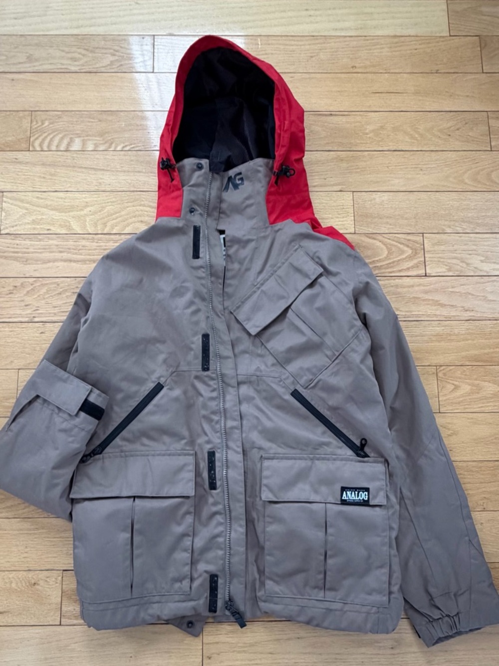 Analog Two-Tone Snow Jacket in Taupe with Red Hood